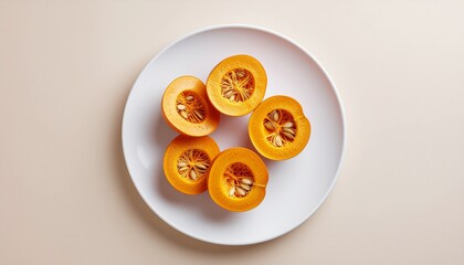 Obraz premium Healthy Steamed Orange Pumpkin Slices Arranged on White Plate Showing Seeds and Soft Texture for Nutritious Breakfast or Snack