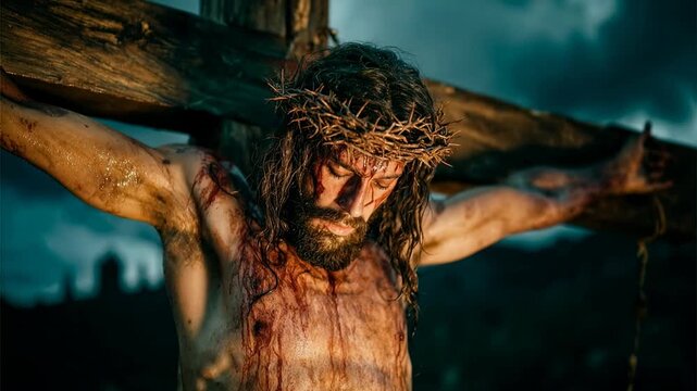 Bloodied figure with crown of thorns struggles under heavy wooden cross in stormy landscape illustrating passion suffering and dramatic christian sacrifice