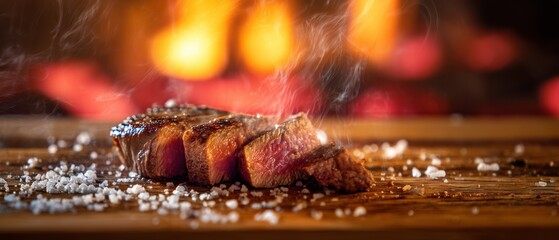Seared medium-rare beef steak with salt on cutting board for grill food editorial, barbecue branding visual, gourmet recipe feature, smoky culinary backdrop, luxury meat concept

