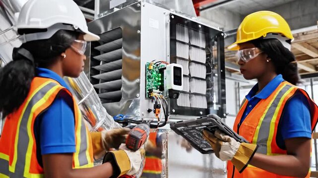 Two women, clad in safety gear, work on machinery, one using a grinding tool