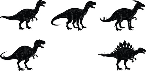 Dinosaur silhouettes, prehistoric creatures, stegosaurus shape, bipedal reptiles, sharp teeth, black shadows, educational design, kids theme, white background, Jurassic bundle