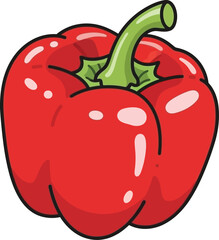 A vibrant cartoon illustration of a single ripe red bell pepper with a green stem
