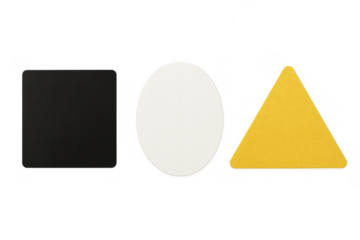 Basic geometric shapes aligning: yellow triangle, white oval, and black square, presenting diversity and simplicity on transparent background