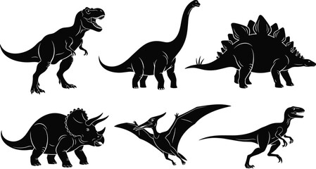 Dinosaur silhouettes, T-Rex, Triceratops, Stegosaurus, Velociraptor, Brachiosaurus, Pteranodon, prehistoric creatures, black shadows, kids learning, white background, Jurassic set © Habiba