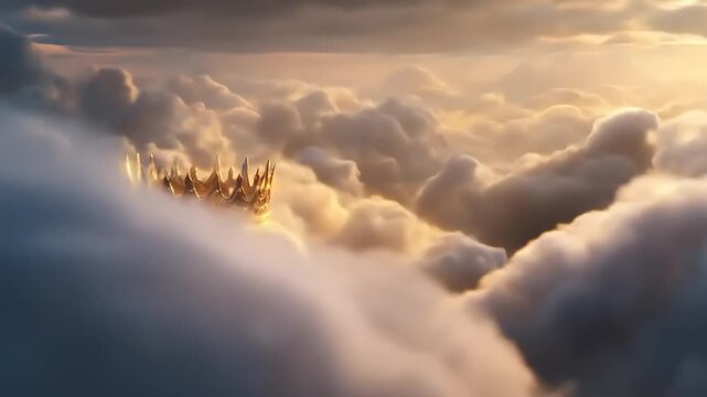 Golden crown floats above cumulus clouds illuminated by sunlight