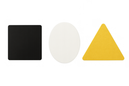 Basic geometric shapes aligning: yellow triangle, white oval, and black square, presenting diversity and simplicity on transparent background - Powered by Adobe