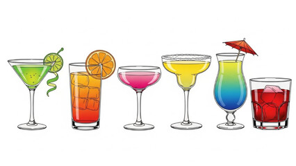 Colorful Cocktails with Garnishes on White Background