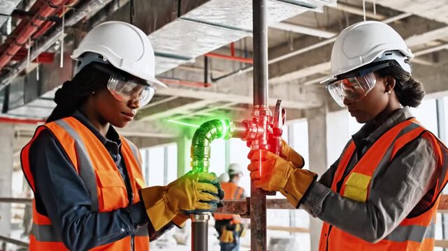 Two construction workers with AR glasses collaborate. Green arrow visual indicates process