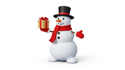 Snowman Wearing Top Hat Holding Gift on White Background