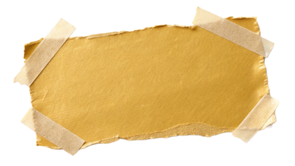 Roughly torn paper Ripped piece of gold paper texture attached with masking tape against a transparent background