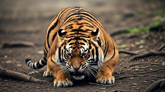 Fierce Tiger Crouching and Roaring, Showing Strength and Intensity