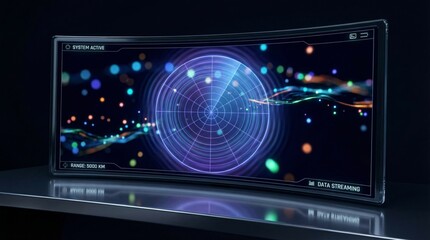 Futuristic digital analytics display with circular data visualization and glowing particles in advanced technology interface