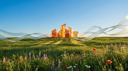 Obraz premium Futuristic golden city rising from green meadow with flowing energy waves