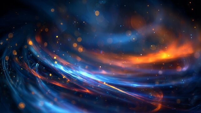 Flowing streams of orange and blue glowing particles curve through , creating a dynamic space energy effect.