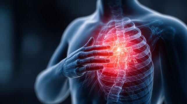 Person experiencing chest pain with inflamed lungs