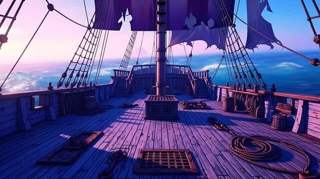 Pirate Ship Deck at Sunset with Choppy Ocean and Ripped Sails
