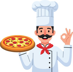A smiling chef proudly presents a delicious pepperoni pizza giving a positive okay gesture