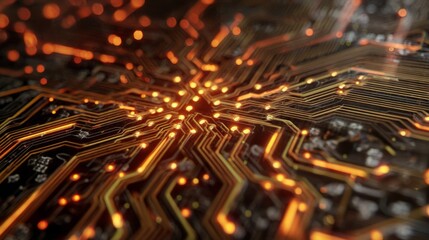 Futuristic glowing circuit board with digital light pulse