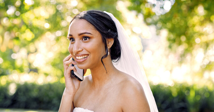 Phone call, wedding bride and happy woman at park for listening, event coordination and bokeh. Mobile, marriage and person speaking outdoor with contact, planning ceremony and schedule update - Powered by Adobe