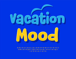 Vector Travel Promo Vacation Mood with Decorative Seagull. Summer Yellow Font. Playful Alphabet Letters and Numbers set.