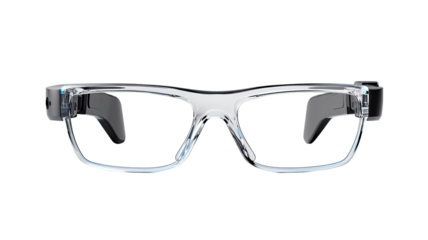 Clear smart augmented reality glasses with integrated side electronics transparent wearable digital eyewear futuristic device isolated on white background
