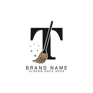 Letter T House Cleaning Broom Logo. Alphabet T Cleaning Brush Icon