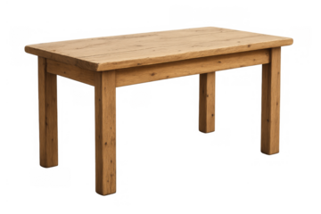Wooden dining table with rustic texture and natural oak finish, providing minimalist furniture on transparent background
