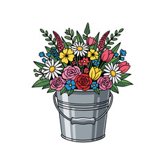 vector bouquet of flowers in a bucket on white background