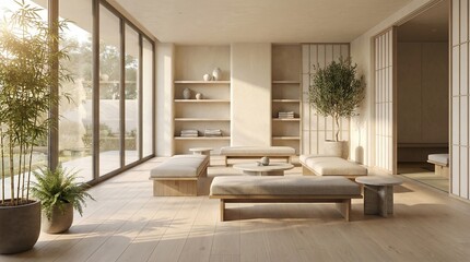 Fototapeta premium Sunlit minimalist living room interior with natural wood furniture, indoor plants, and serene modern atmosphere