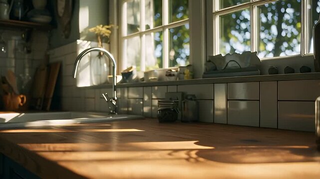 Cinematic view of a sunlit home kitchen interior, showcasing a rustic wooden countertop and various containers by a bright window, creating a warm domestic ambiance.