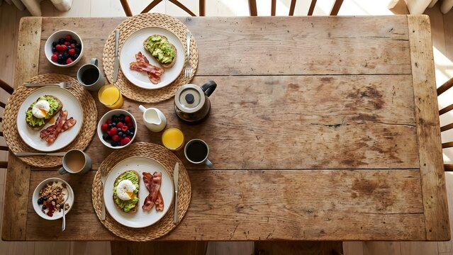 Rustic Wooden Dining Table with Breakfast Food. - Powered by Adobe