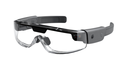 Advanced smart augmented reality safety glasses with transparent shield integrated sensors camera industrial wearable eyewear isolated on white background
