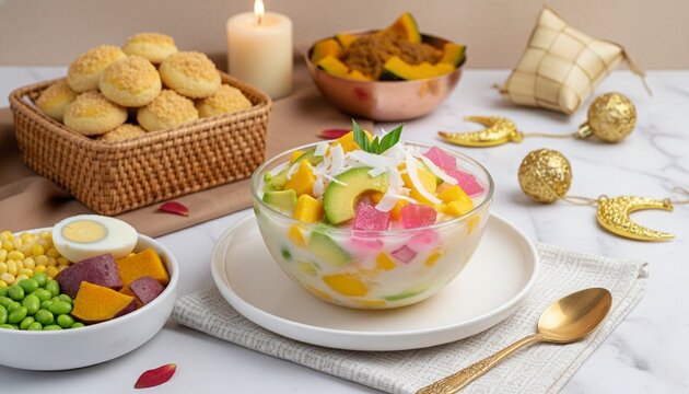Refreshing Traditional Indonesian Es Cendol Drink with Green Rice Flour Jelly and Creamy Coconut Milk Served on Rattan Coaster