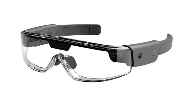 Advanced smart augmented reality safety glasses with transparent shield integrated sensors camera industrial wearable eyewear isolated on white background
