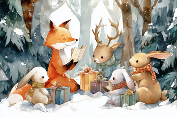 Christmas illustration, cute forest animals celebrating Christmas, fox, deer, rabbit, cozy winter forest, soft watercolor style, warm colors, storybook illustration.