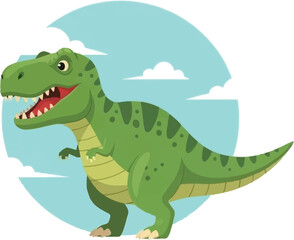 Charming green tyrannosaurus rex illustration with a friendly expression and cloud background design