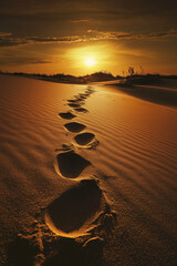 Footsteps Across Golden Desert at Sunset