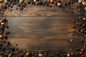Rustic Wooden Table With Assorted Spices And Copy Space