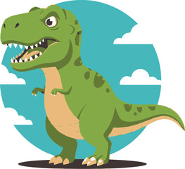 A cheerful green tyrannosaurus rex cartoon illustration against a teal and white background