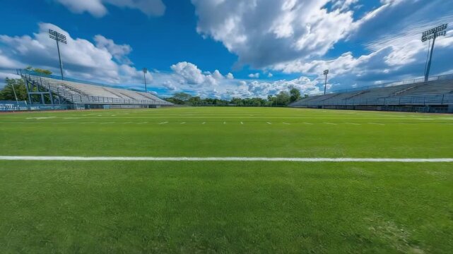 Under a blue spring and summer sky, a green football field with bleachers