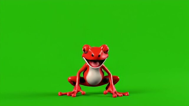 Vibrant red frog animated in a joyful dance, leaping with excitement against a bright green screen background for chroma key compositing