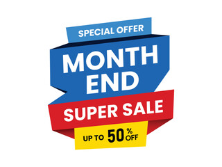 Month End Super Sale 3D Ribbon Banner with Special Offer and 50% Off Discount Tag