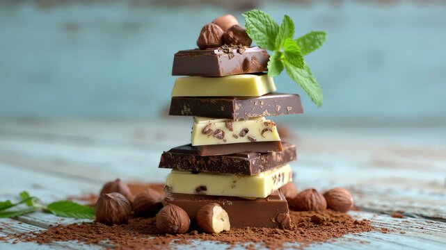 Stack of assorted chocolate bars with hazelnuts and mint leaves candy sweet