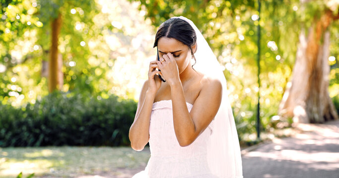 Phone call, frustrated and bride in park with wedding day, argument and angry with bad news. Marriage stress, technology and conversation with woman for fight, communication or trouble with rejection