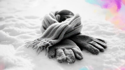 Winter Scarf and Gloves Resting on Snowy Ground.