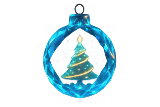 Christmas tree ornament with blue faceted glass bauble holding a festive fir inside, glowing seasonal decoration - Powered by Adobe