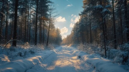 Winter Forest Path - Sunlight Through Snow-Covered Trees.