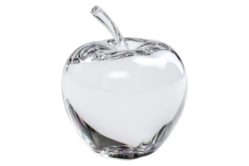 Crystal glass apple ornament with smooth white core and curved stem isolated on transparent background
