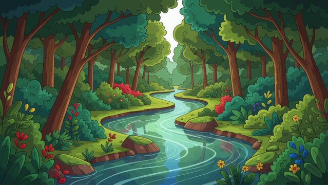 lush forest surrounding a winding river, featuring dense vegetation, layered trees, and a thriving natural ecosystem, on white isolated sky