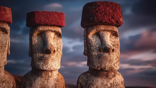 Three stone statues with red hats sunset backdrop ancient artifacts